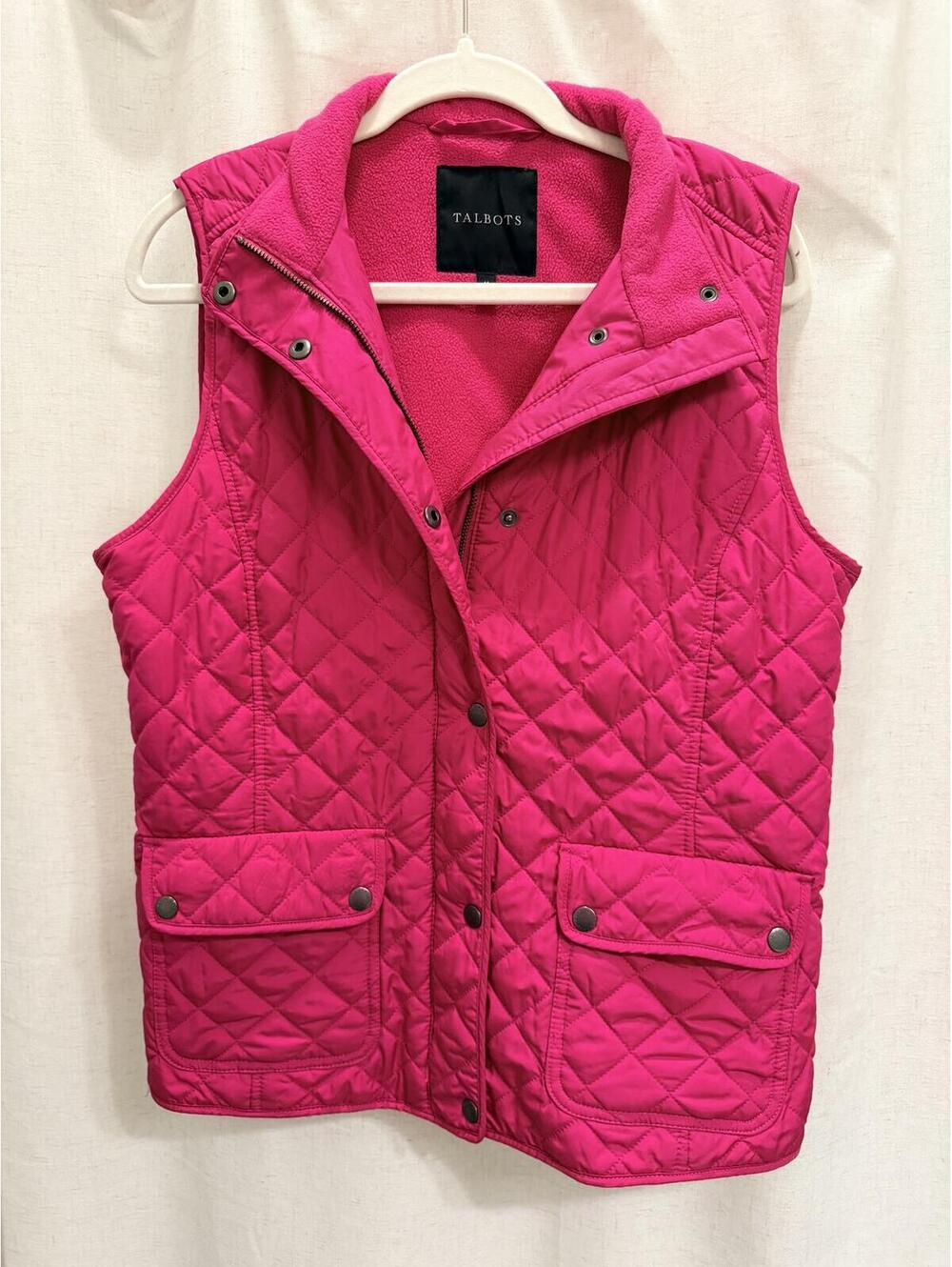 Talbots Sz M Pink Quilted Puffer Vest Snap-Front Fleece Lined